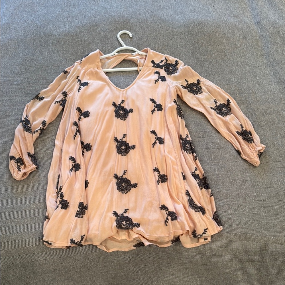 Free people peach Dress with Black Floral Embroidery